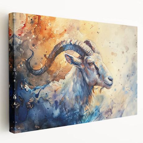 Vibrant stretched canvas artwork featuring a side view of a goat with a wild landscape background, ideal for nature-inspired home decor. Perfect for animal lovers.