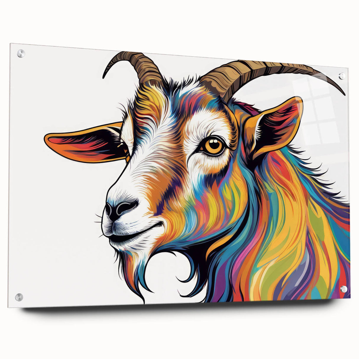 Colorful acrylic glass wall art showcasing a side view of a goat design, part of the 'Animals - A Wild Life' collection, displayed with decorative pins against a neutral background.