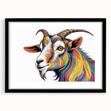 Black-framed wall art showcasing a goat design from the "Animals A Wild Life" collection, featuring a mat finish, perfect for adding nature-inspired decor to your home.