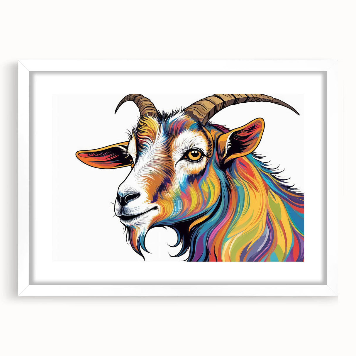 Framed wall art featuring a whimsical goat design from the 'A Wild Life' collection, set against a white mat, ideal for animal lovers and home decor enthusiasts.