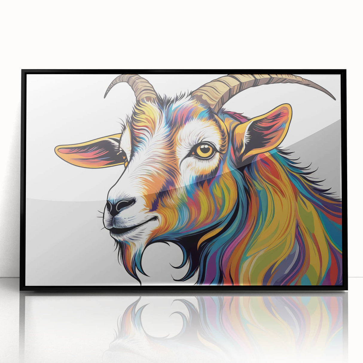 Framed wall art collection featuring a stylized goat design in a modern black frame, showcasing vibrant colors and intricate details, perfect for animal lovers and home decor enthusiasts. Ideal for adding a touch of wildlife charm to any living space.