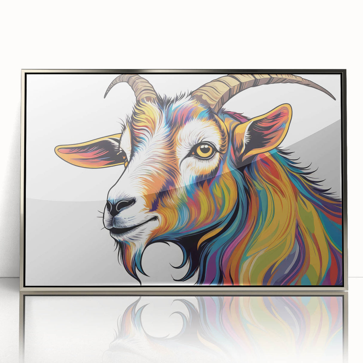 Framed wall art featuring a stylish goat design in silver acrylic, showcasing intricate details and a modern aesthetic, perfect for animal lovers and home decor.
