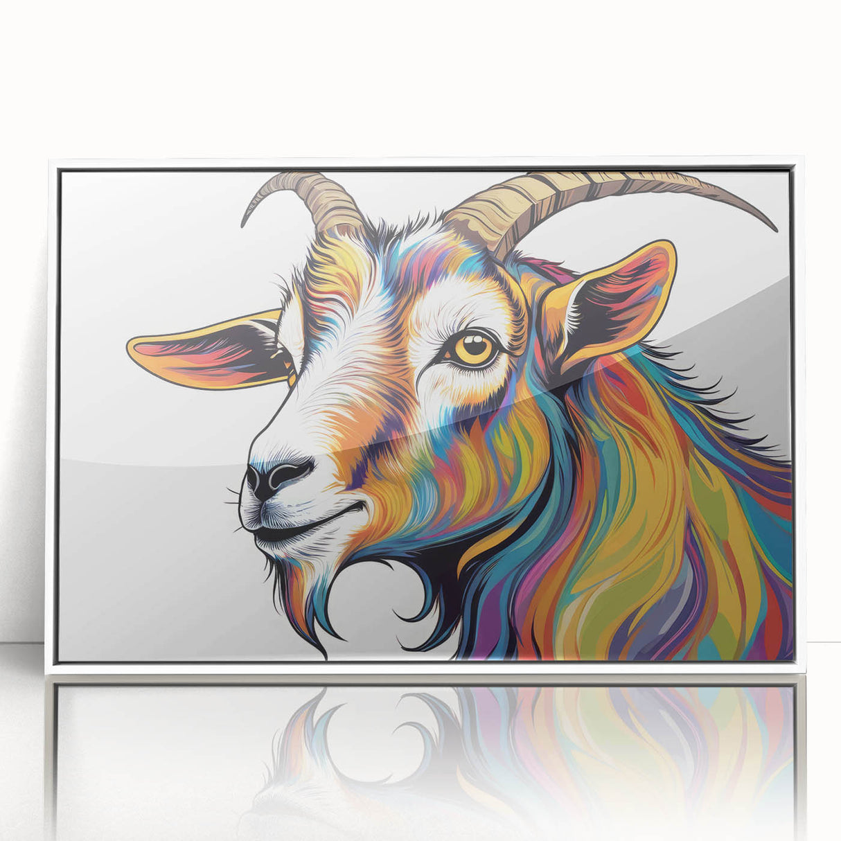 Framed wall art featuring a whimsical goat design in vibrant colors, showcasing a playful nature theme, perfect for animal lovers and modern decor.