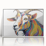 Framed wall art featuring a whimsical goat design in vibrant colors, showcasing a playful nature theme, perfect for animal lovers and modern decor.