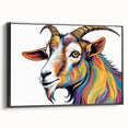 Framed wall art featuring a striking goat design in a wild life theme, showcasing intricate details and a sleek black frame, perfect for animal lovers' decor.