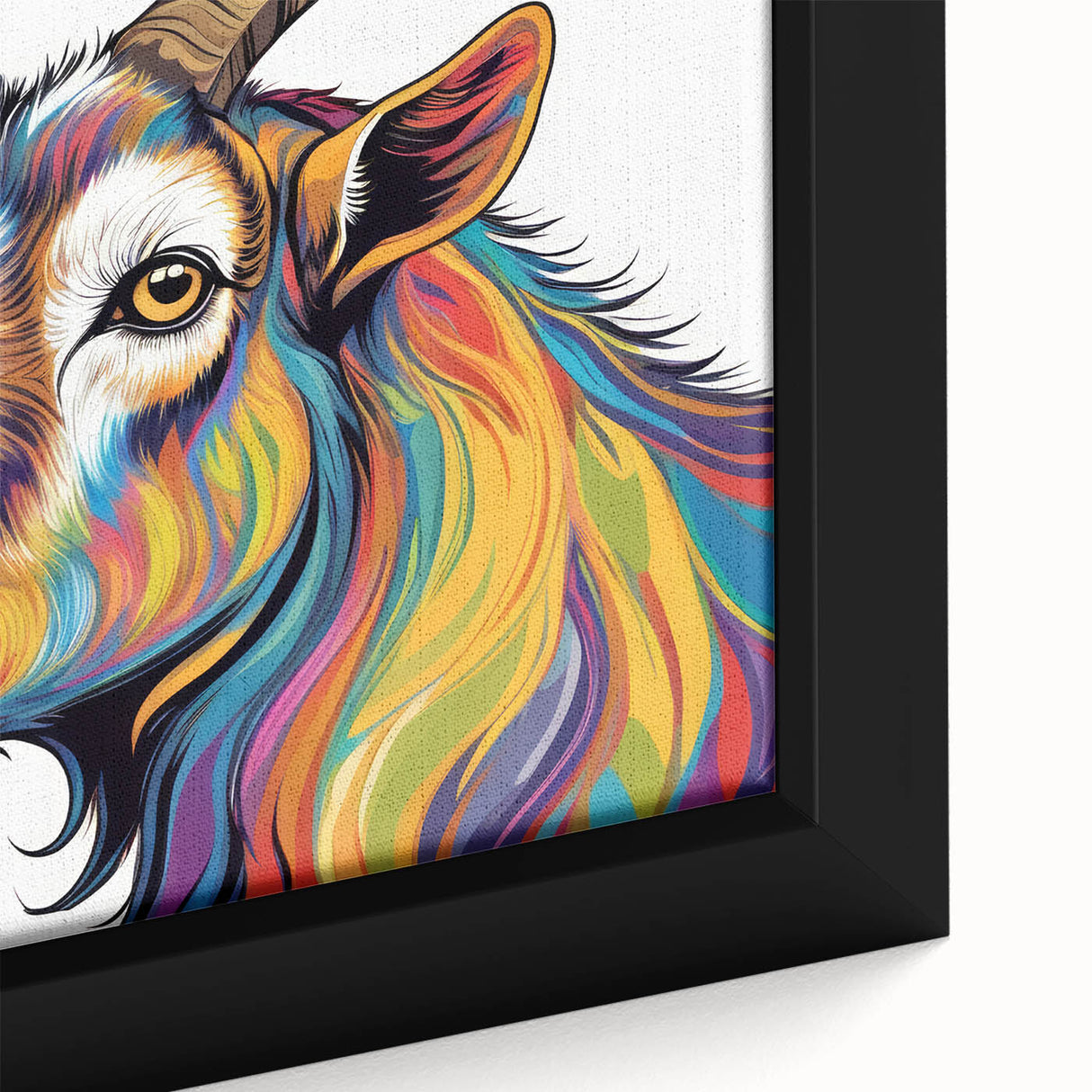 Close-up of a framed canvas wall art featuring a vibrant goat design, showcasing intricate details and rich colors, perfect for wildlife-themed decor.