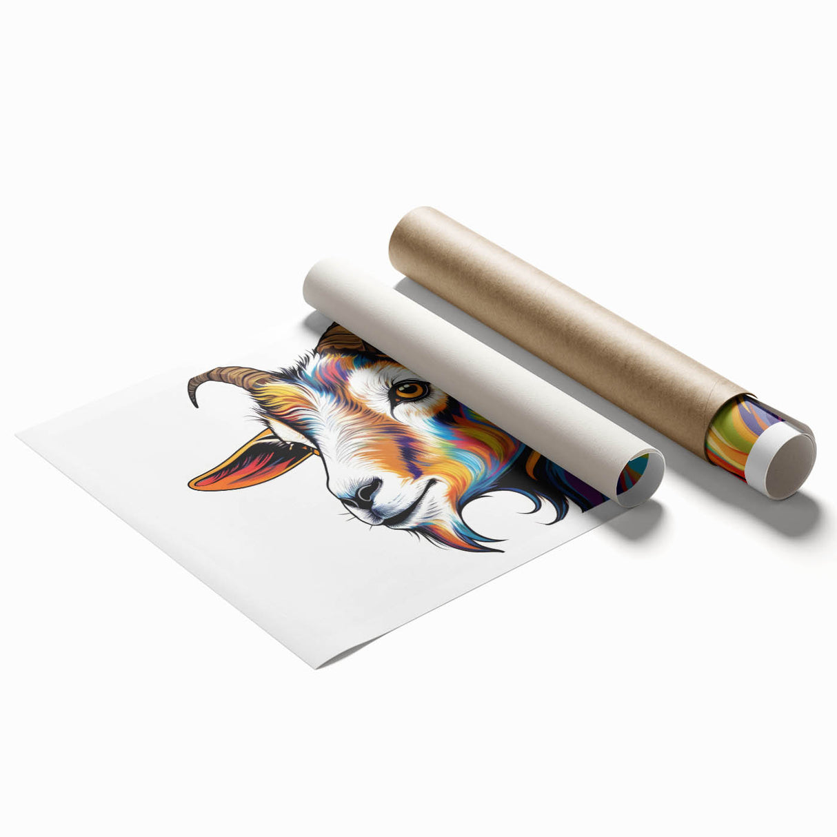 Rolled print of a goat design from the 'Animals: A Wild Life' wall art collection, showcasing vibrant colors and intricate details, ideal for animal lovers and home decor enthusiasts.