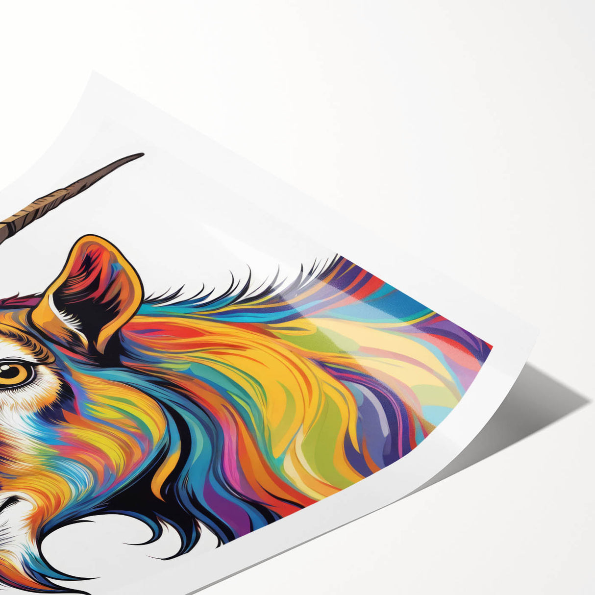 Goat-themed wall art print showcasing intricate wildlife design, featuring vibrant colors and detailed illustrations, rolled and ready for display.