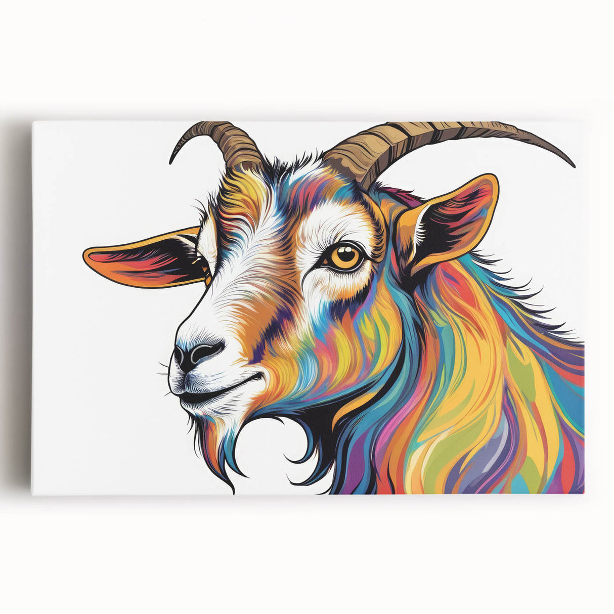Stretched canvas wall art featuring a detailed illustration of a wild goat in a natural setting, perfect for adding a touch of nature-inspired decor to any room.
