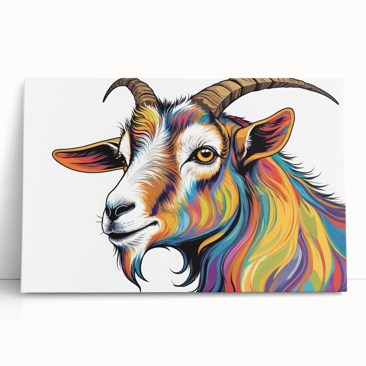 Stretched canvas art showcasing a stylized goat design in vibrant colors, perfect for wildlife enthusiasts and modern decor, leaning against a wall.