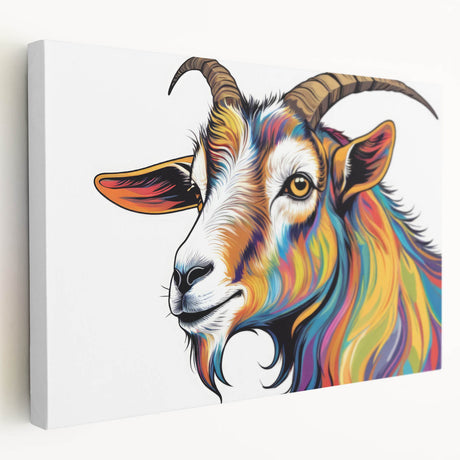 Side view of a stretched canvas featuring a vibrant goat design in a wild-life art collection, showcasing detailed textures and rich colors for lively decor.