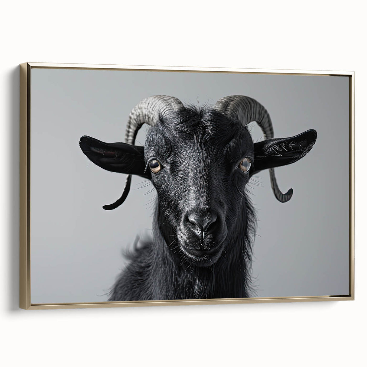 Framed wall art featuring a stylized goat design in gold tones, set against a textured background, ideal for animal lovers and modern decor enthusiasts.