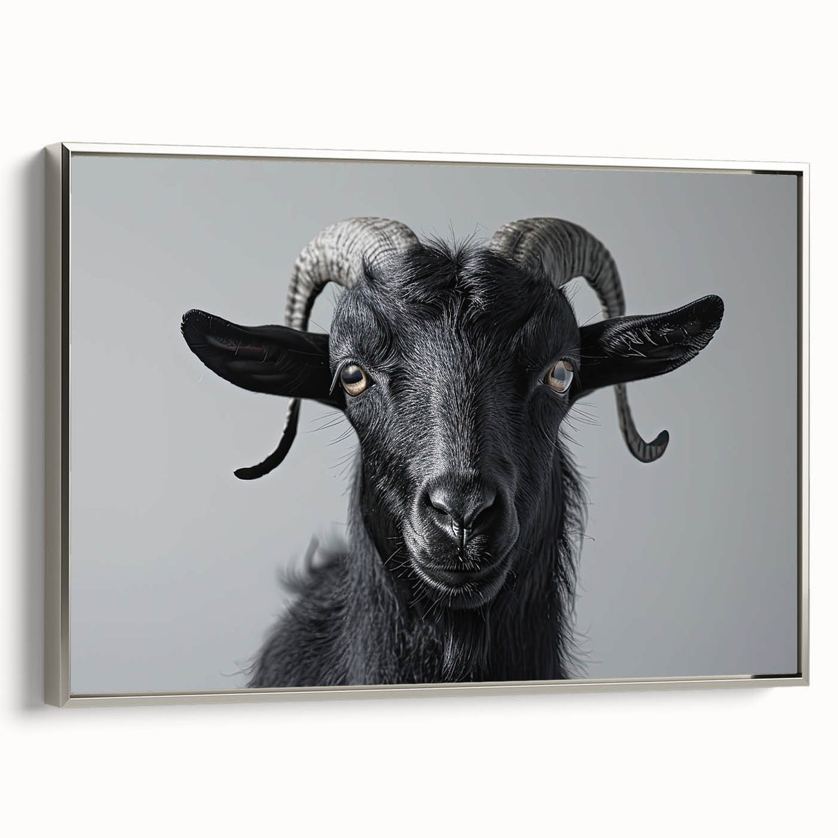 Framed wall art featuring a silver side view of a goat design from the "Animals a Wild Life" collection, showcasing intricate details and vibrant colors, perfect for animal lovers and home decor enthusiasts.