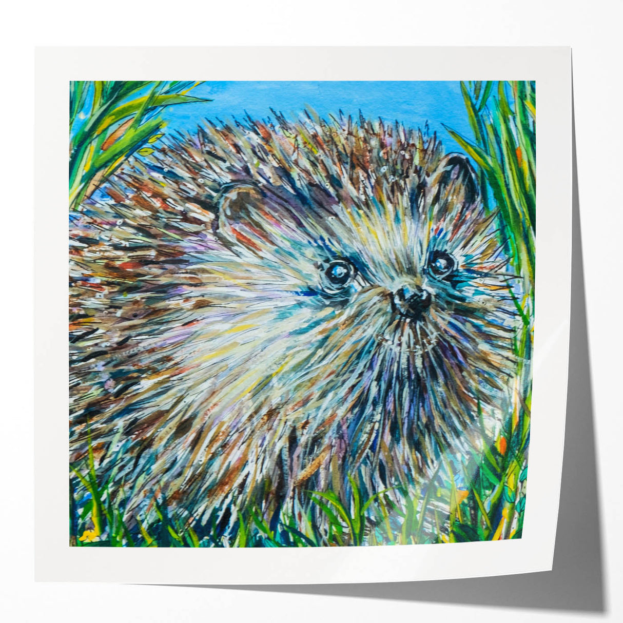 Hedgehog-themed wall art print showcasing vibrant colors and intricate details, perfect for animal lovers and home decor enthusiasts. Ideal for a cozy living space, emphasizing nature's charm.