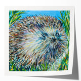 Hedgehog-themed wall art print showcasing vibrant colors and intricate details, perfect for animal lovers and home decor enthusiasts. Ideal for a cozy living space, emphasizing nature's charm.