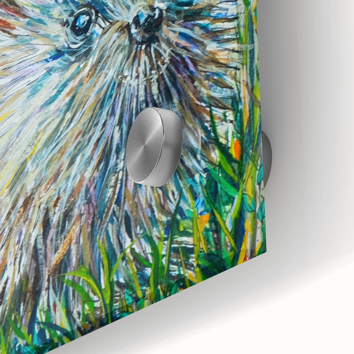 Close-up of a whimsical hedgehog design on acrylic glass wall art, showcasing vibrant colors and intricate details, perfect for animal lovers and home decor enthusiasts.