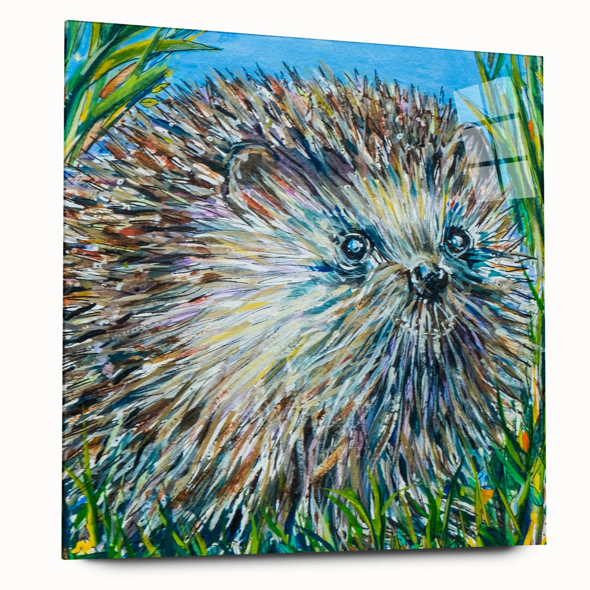 Side view of a hedgehog-themed wall art piece, showcasing intricate designs on acrylic glass, perfect for animal lovers and home decor enthusiasts.
