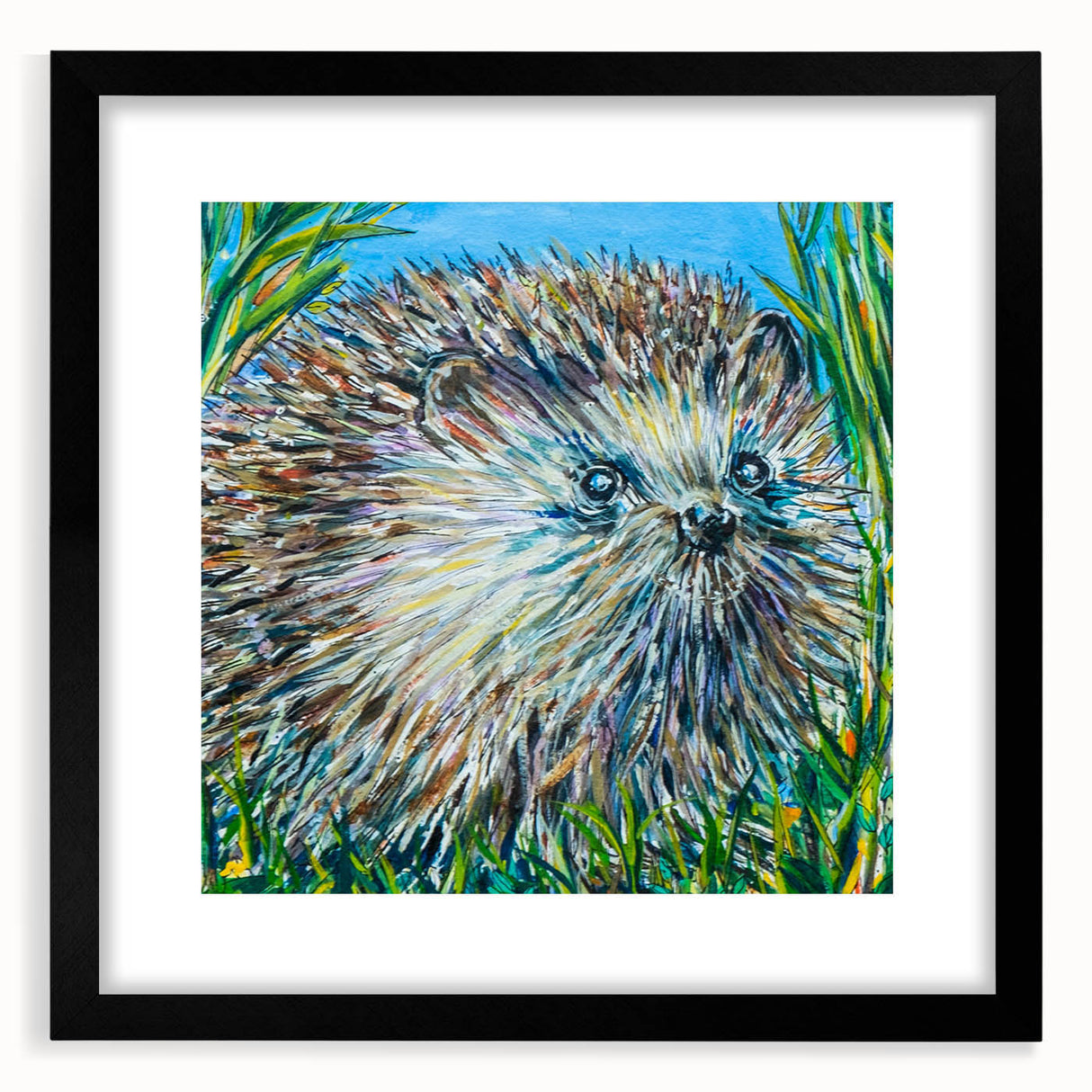 Hedgehog wall art print in a sleek black frame with a white mat, showcasing intricate designs that highlight the beauty of wildlife, perfect for nature lovers.