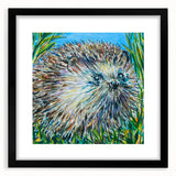 Hedgehog wall art print in a sleek black frame with a white mat, showcasing intricate designs that highlight the beauty of wildlife, perfect for nature lovers.