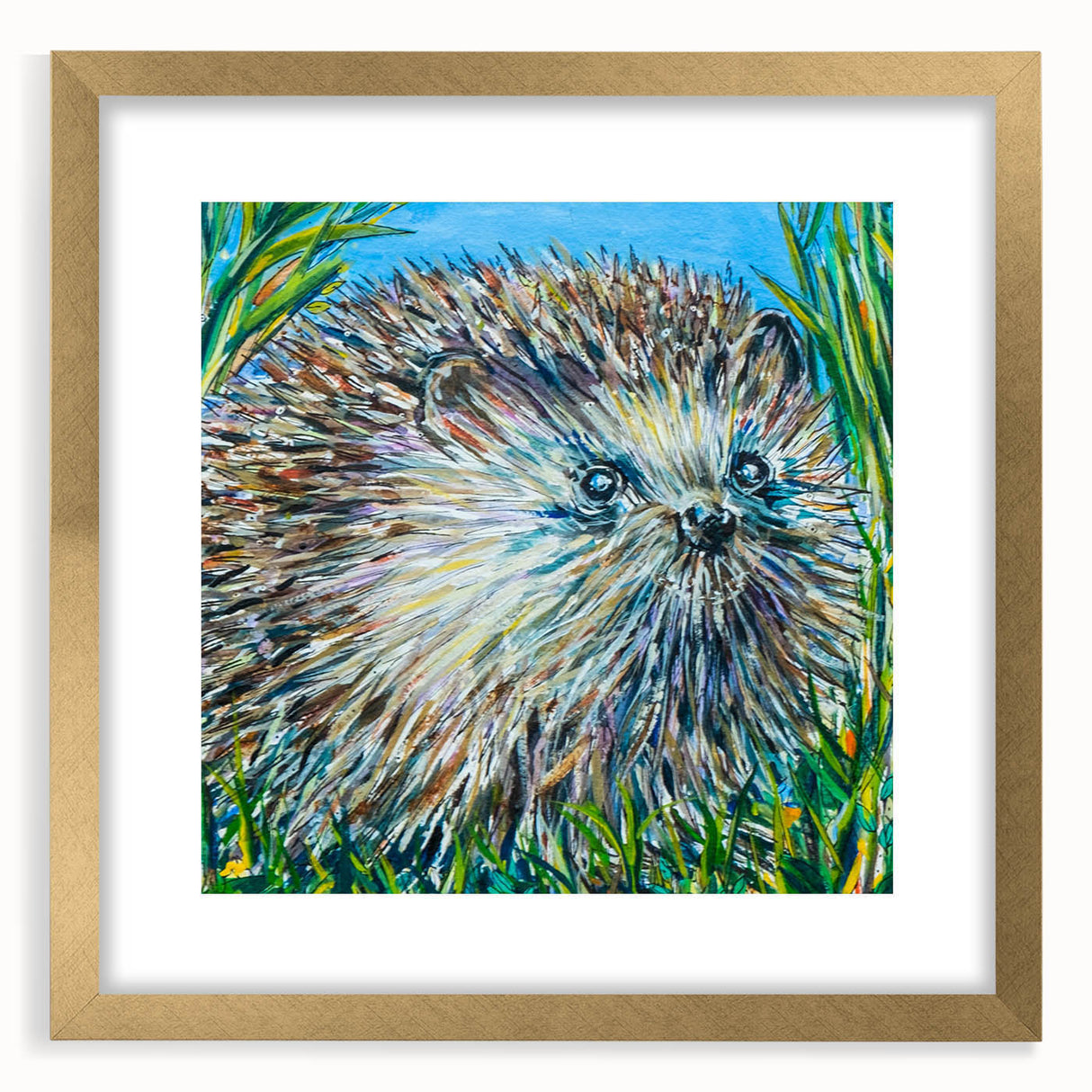 Hedgehog wall art design featuring a whimsical illustration in a gold frame with a mat, ideal for adding charm to home decor. Perfect for animal lovers.