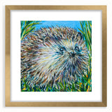 Hedgehog wall art design featuring a whimsical illustration in a gold frame with a mat, ideal for adding charm to home decor. Perfect for animal lovers.