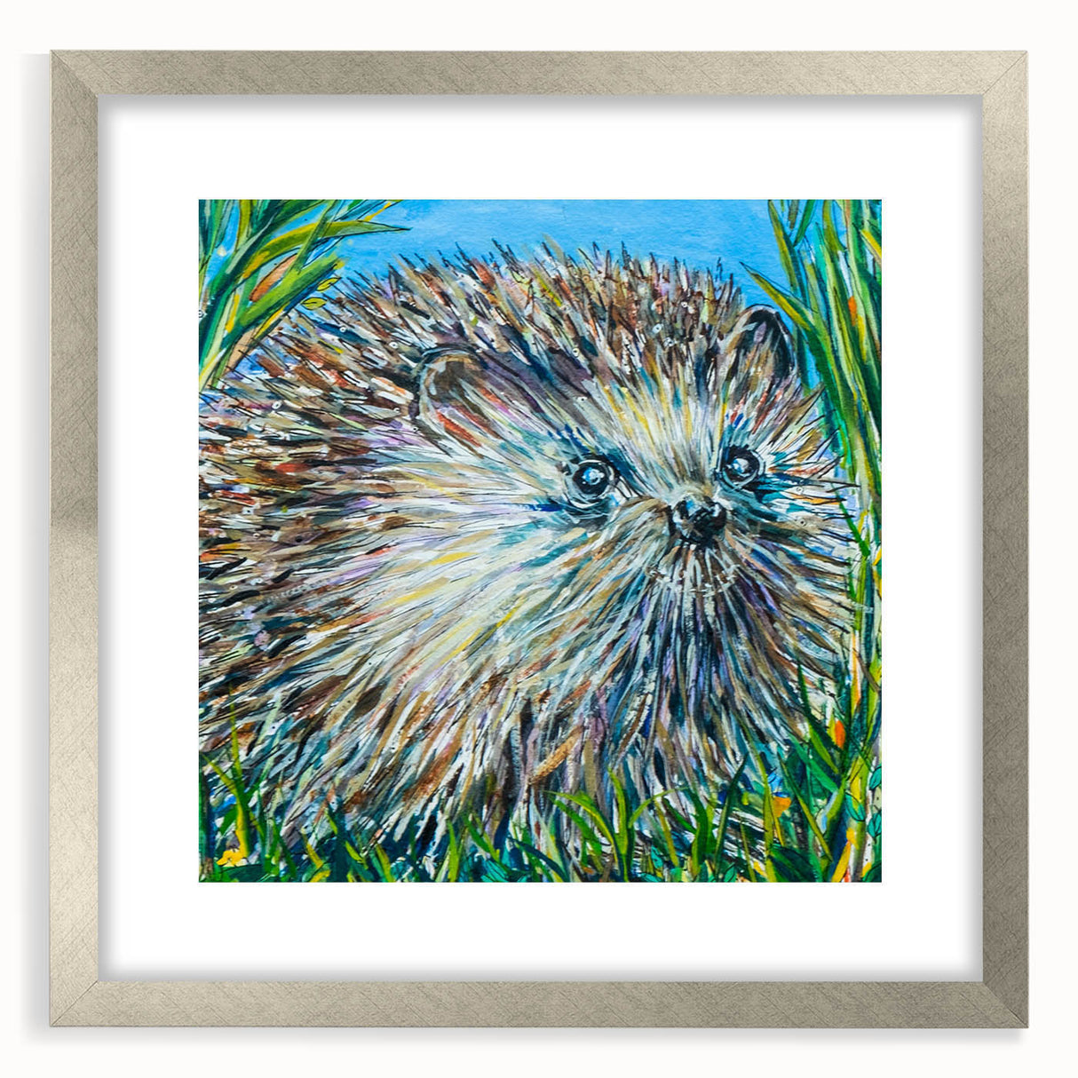 Hedgehog wall art design in a silver frame with a mat, showcasing intricate details and a whimsical nature theme, perfect for home decor enthusiasts.