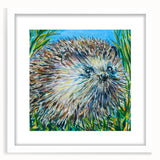 Hedgehog wall art print framed with a white mat, showcasing a whimsical design of a hedgehog in a natural setting, perfect for animal lovers’ decor.