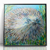 Framed wall art featuring a detailed hedgehog design in a black acrylic frame, showcasing vibrant colors and intricate patterns, ideal for animal lovers and home decor.