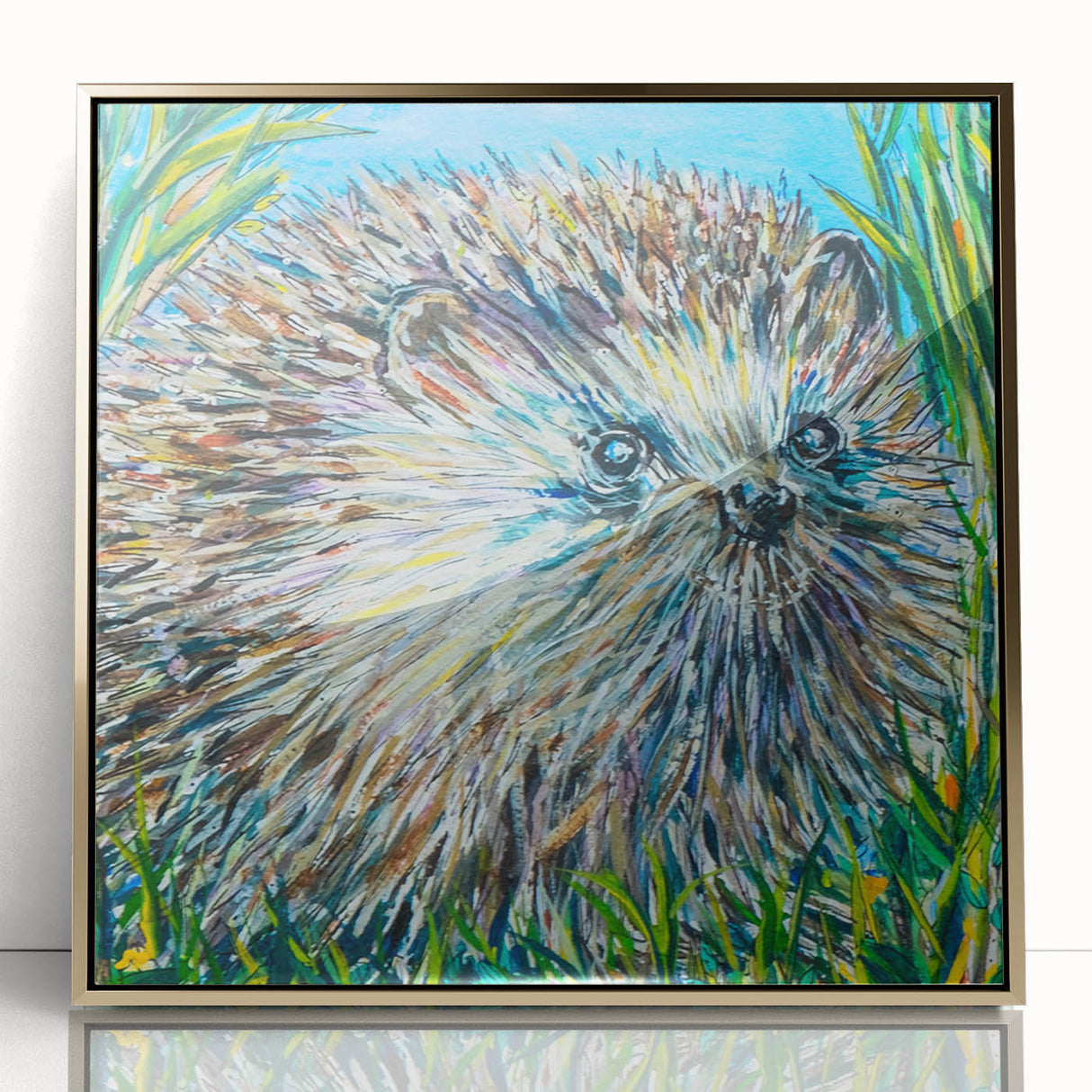 Framed wall art featuring a stylish hedgehog design, highlighted with gold accents against a vibrant background, perfect for animal lovers and modern decor enthusiasts.