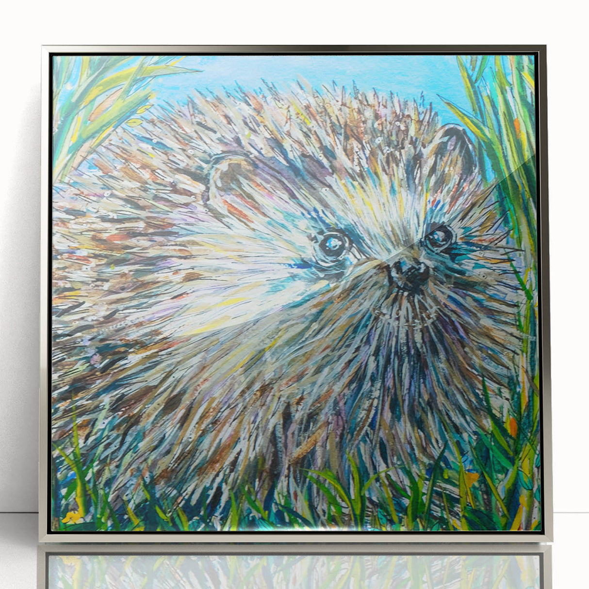 Framed acrylic wall art featuring a detailed design of a hedgehog, showcasing intricate textures and a silver frame, perfect for animal lovers and home decor enthusiasts.