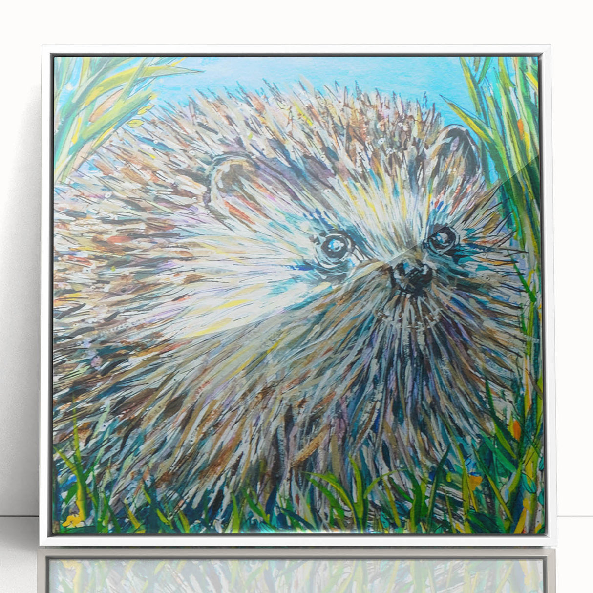 Framed acrylic wall art featuring a whimsical hedgehog design, showcasing vibrant colors and playful details, ideal for animal lovers' home decor.