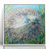 Framed acrylic wall art featuring a whimsical hedgehog design, showcasing vibrant colors and playful details, ideal for animal lovers' home decor.