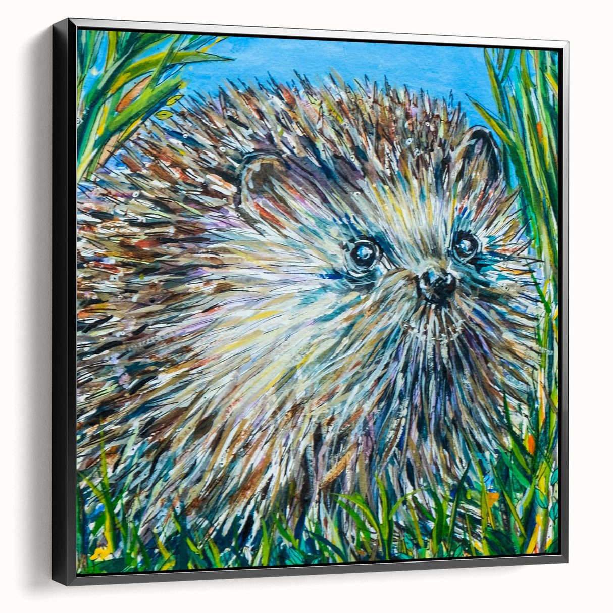 Framed wall art featuring a side view of a hedgehog design, showcasing intricate details and vibrant colors on a black background, ideal for wildlife enthusiasts.