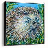 Framed wall art featuring a side view of a hedgehog design, showcasing intricate details and vibrant colors on a black background, ideal for wildlife enthusiasts.