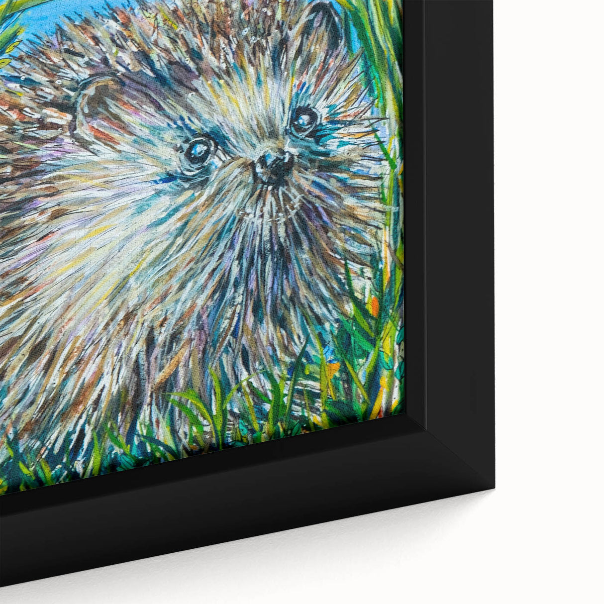 Close-up of a framed canvas wall art showcasing a detailed hedgehog design, featuring earthy tones and intricate textures, perfect for animal lovers and home decor enthusiasts.
