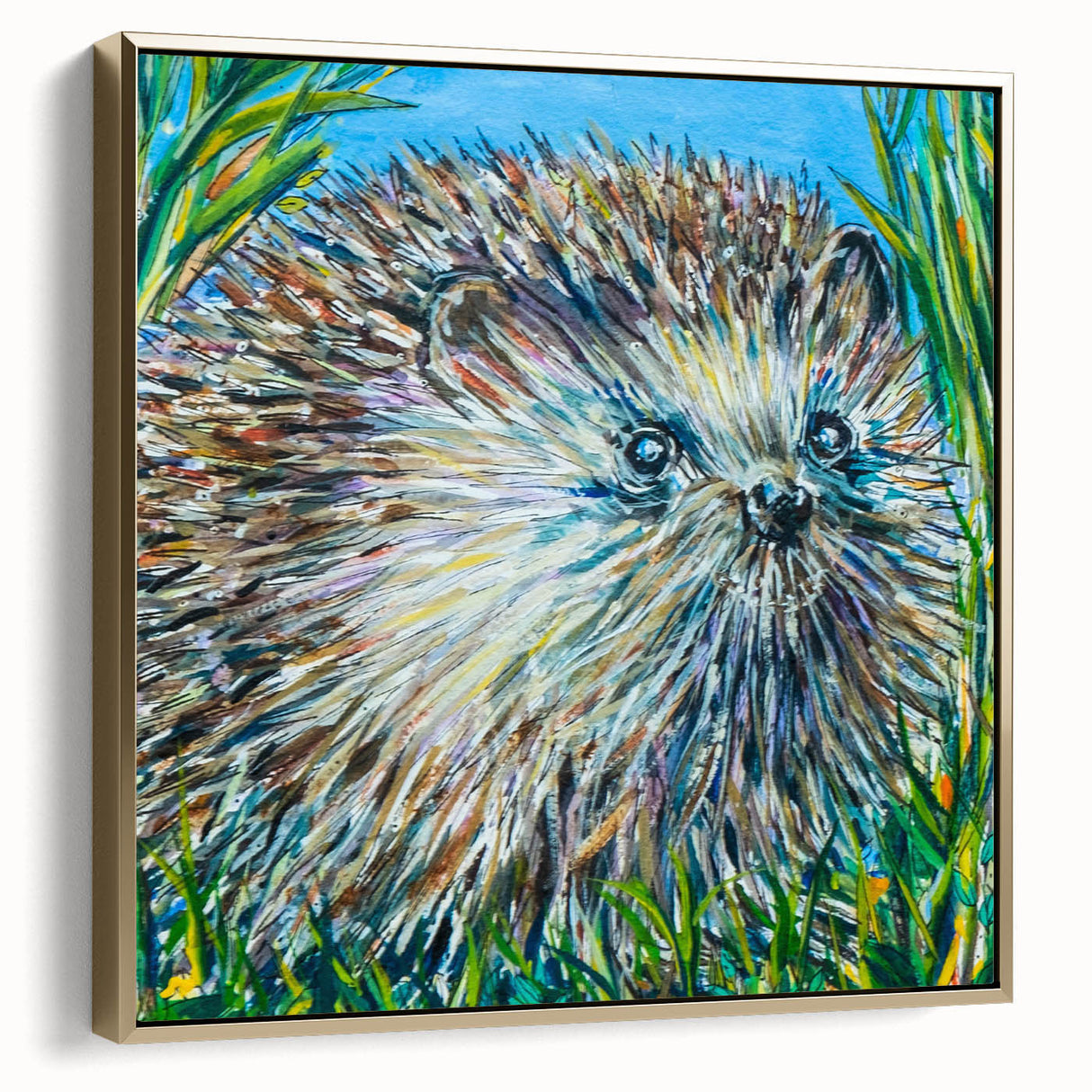 Framed wall art featuring a side view of a hedgehog design in gold hues, showcasing intricate details and textures, perfect for nature-inspired decor.