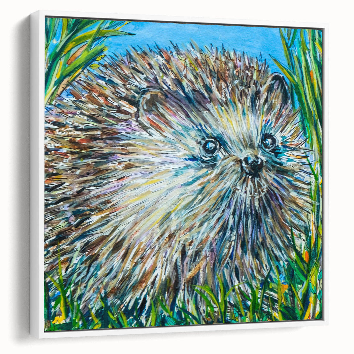 Framed canvas wall art depicting a side view of a stylized hedgehog design, featuring earthy colors and intricate detailing, perfect for animal lovers' decor.