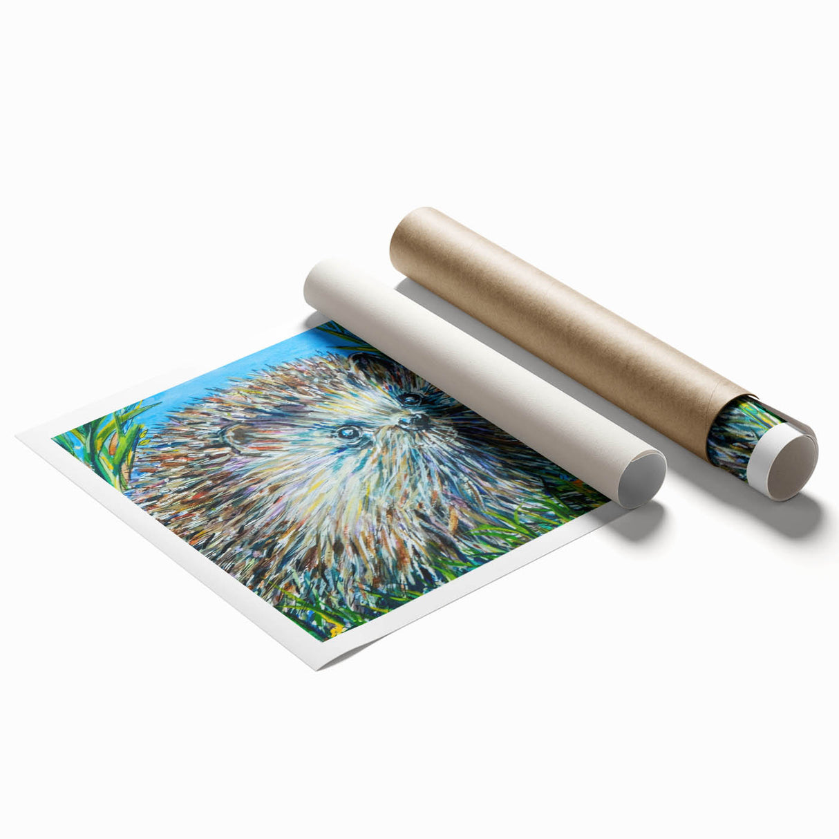 Hedgehog-themed wall art print showcasing a whimsical design with vibrant colors, perfect for children's rooms or nature-inspired decor. Includes artistic details and textures, rolled for easy display.