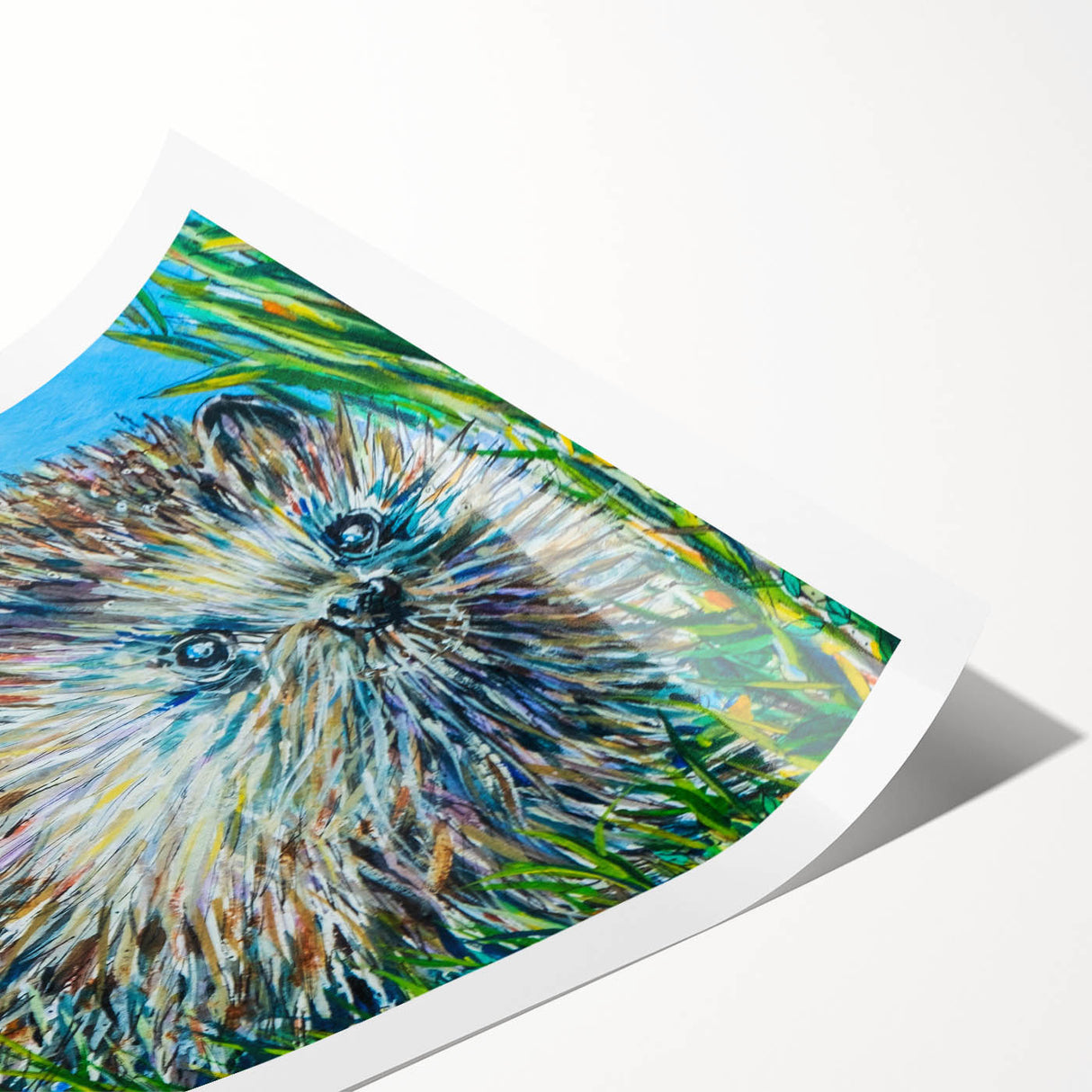 Hedgehog-themed wall art print showcasing a whimsical design with intricate details and vibrant colors, ideal for animal lovers and home decor enthusiasts.
