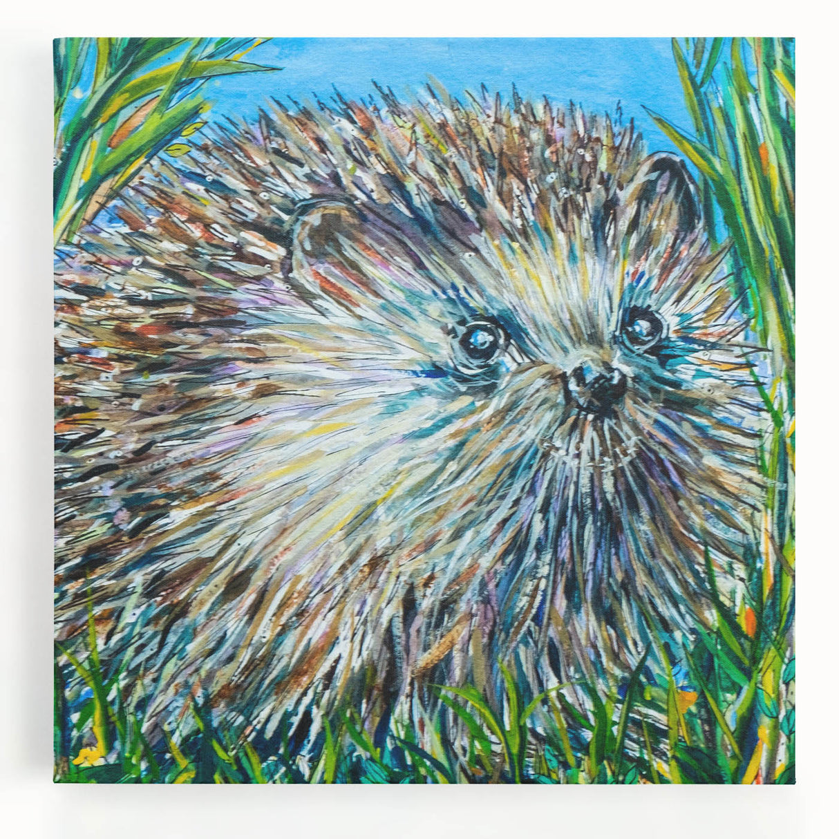 Hedgehog wall art design on stretched canvas, showcasing a vibrant, detailed illustration of a hedgehog surrounded by foliage, perfect for nature lovers.
