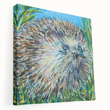 Stretched canvas wall art featuring a side view of a whimsical hedgehog design, showcasing vibrant colors and intricate details, perfect for animal lovers.