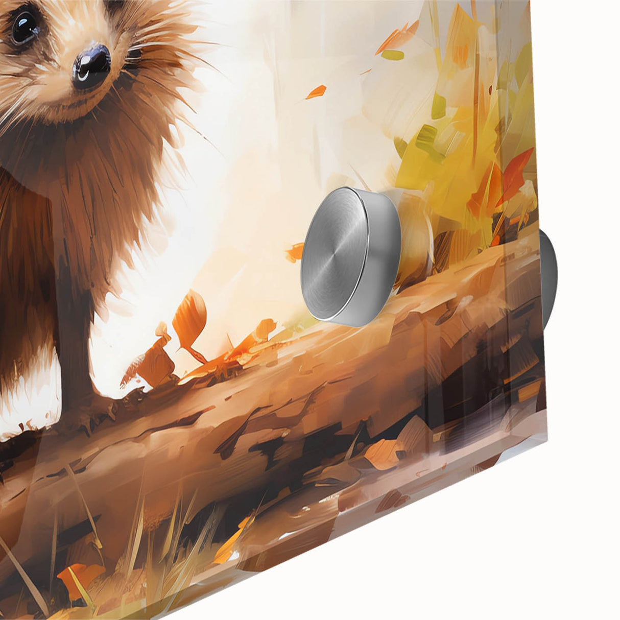 Close-up of a hedgehog wall art piece designed on acrylic glass, showcasing intricate details and vibrant colors, perfect for animal lovers and home decor enthusiasts.