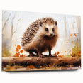 Side view of a hedgehog design wall art piece, featuring vibrant colors on acrylic glass, elegantly displayed with decorative pins, ideal for wildlife-themed decor.