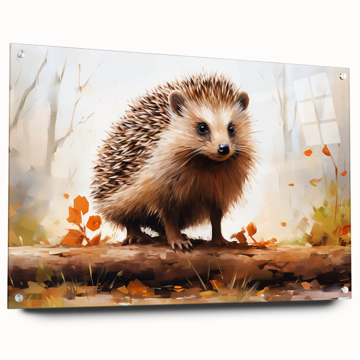 Side view of a hedgehog design wall art piece, featuring vibrant colors on acrylic glass, elegantly displayed with decorative pins, ideal for wildlife-themed decor.