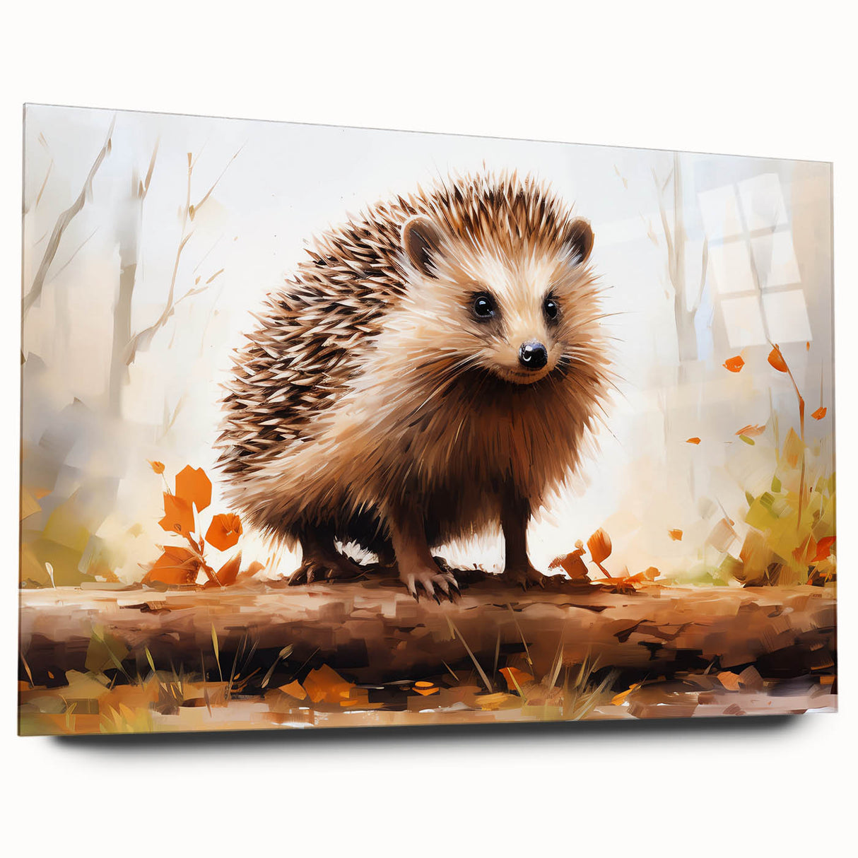 Hedgehog-themed wall art design on acrylic glass, showcasing a side view of a detailed, colorful hedgehog illustration, perfect for animal lovers and home decor.