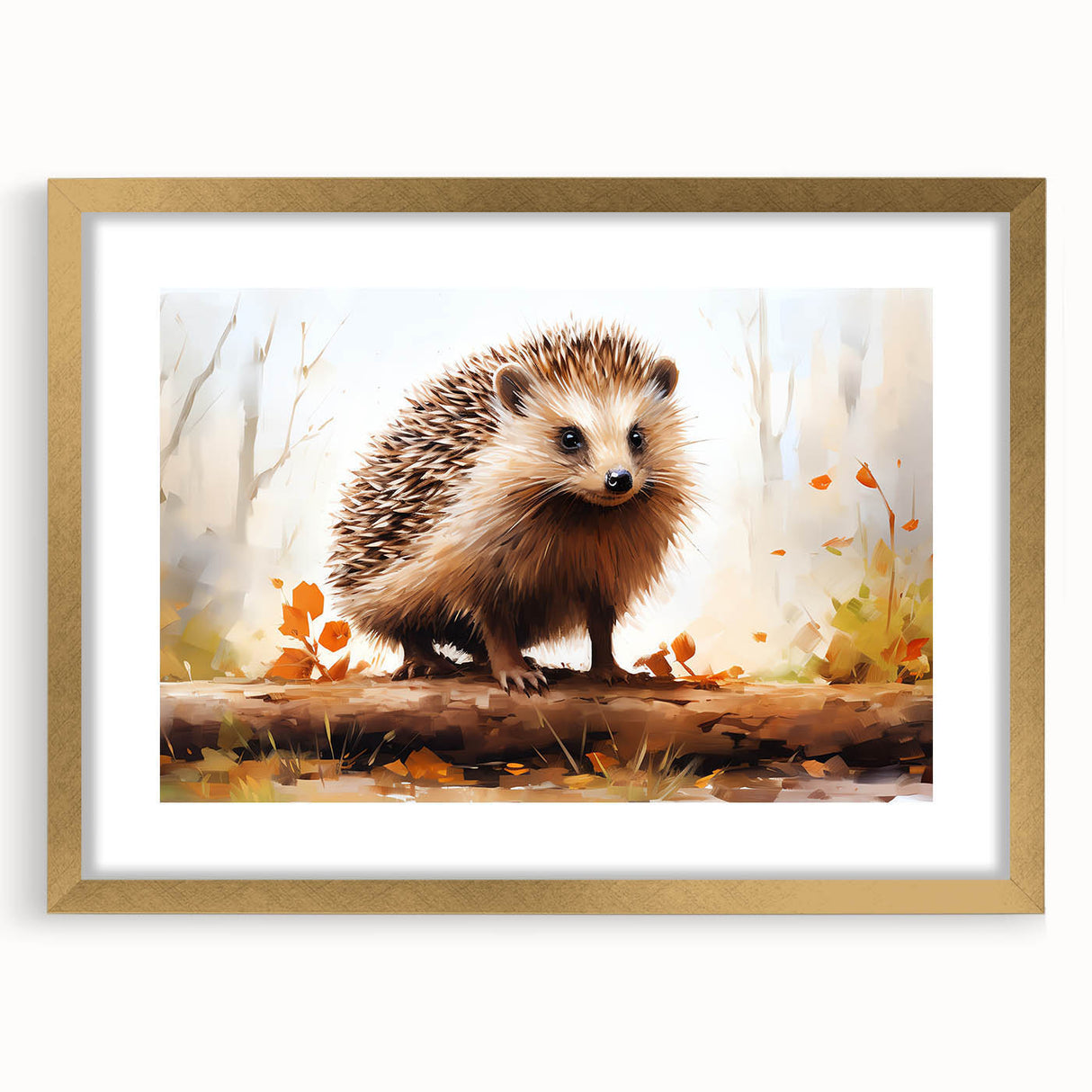 Hedgehog-themed wall art design featuring a gold-framed mat, showcasing a whimsical illustration of a hedgehog in a natural setting, perfect for animal lovers.