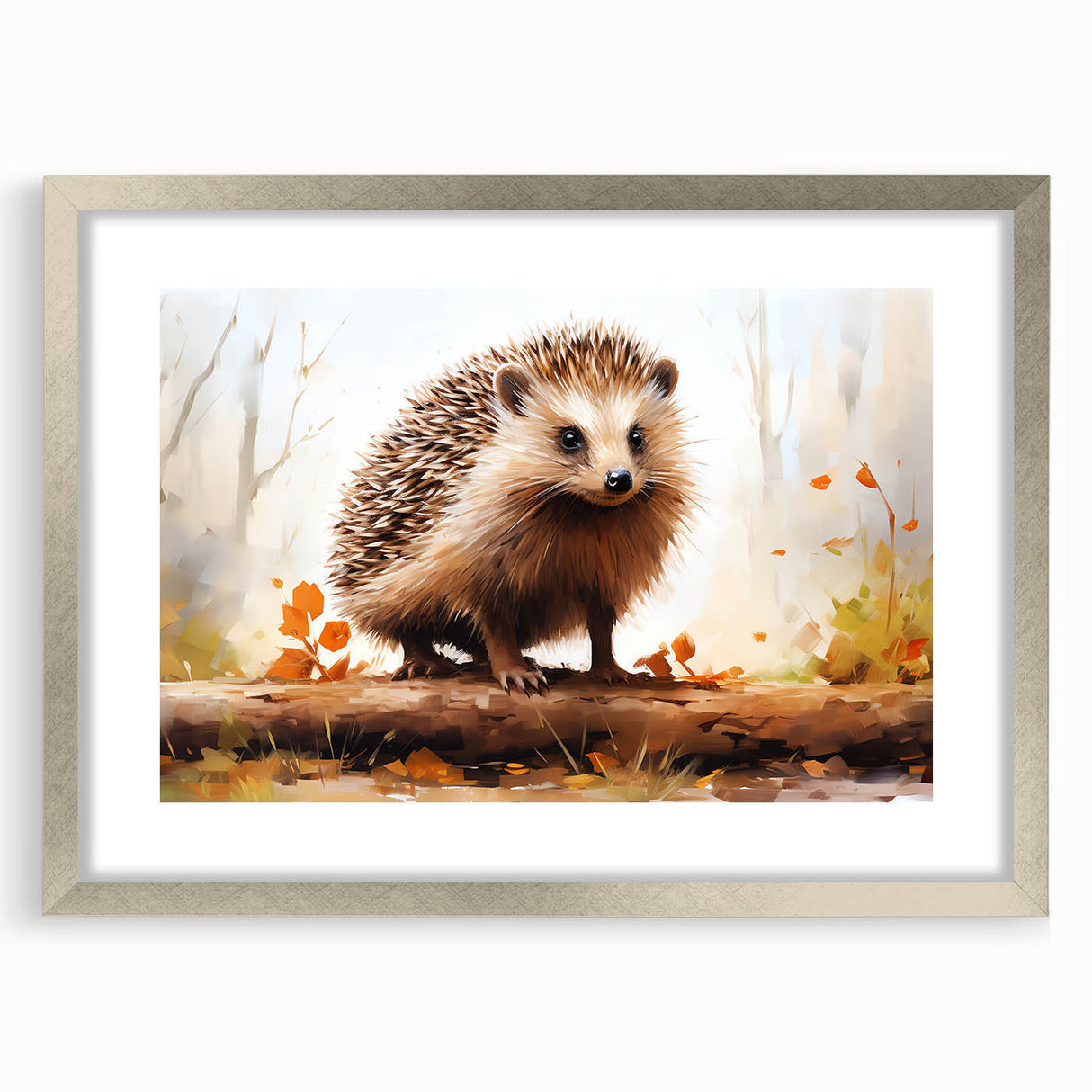 Hedgehog wall art design framed in silver, showcasing intricate wildlife details on a mat background, perfect for animal lovers and home decor enthusiasts.