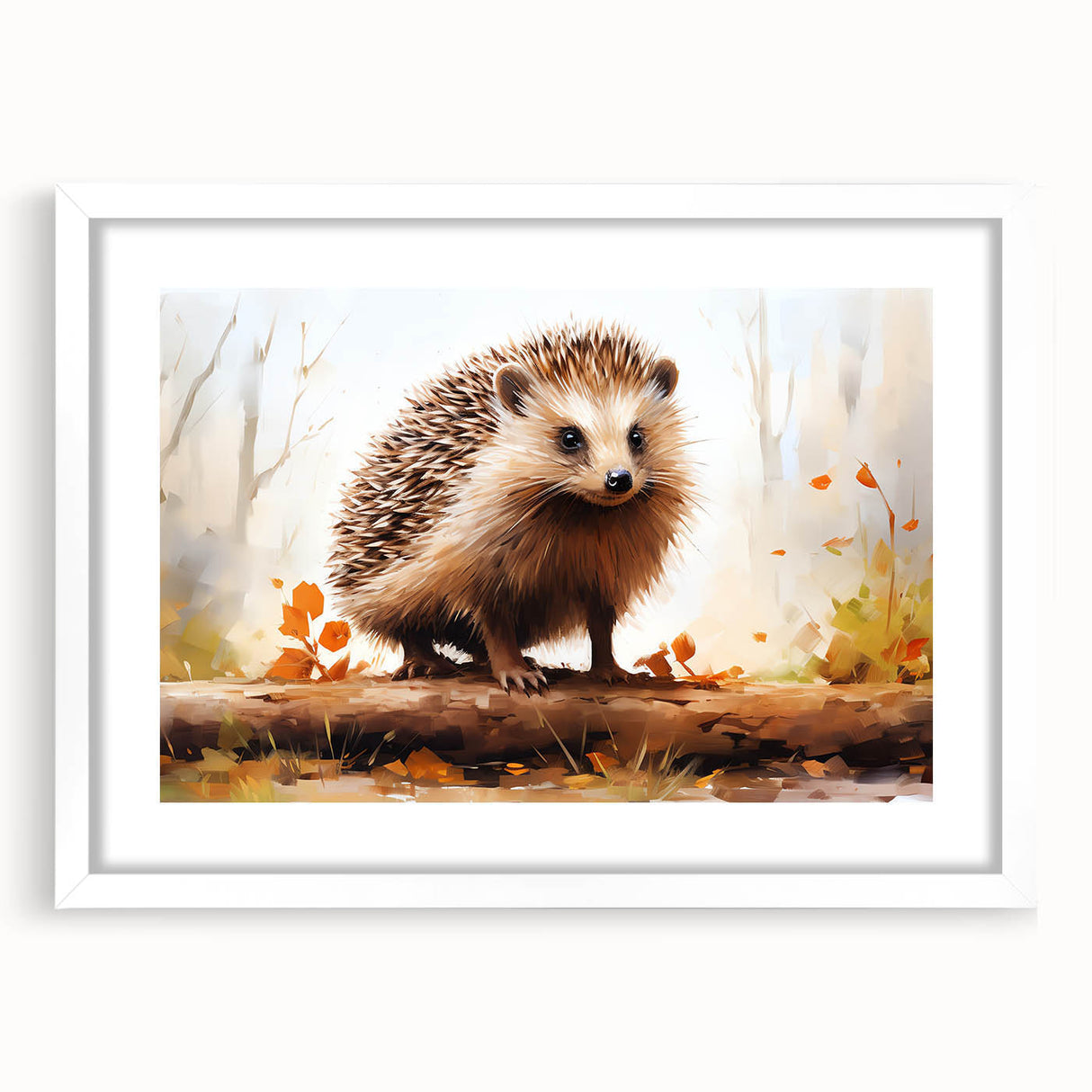 Hedgehog-themed wall art framed in white, featuring intricate wildlife design, perfect for nature lovers and home decor enthusiasts. Ideal for adding a whimsical touch to any room.