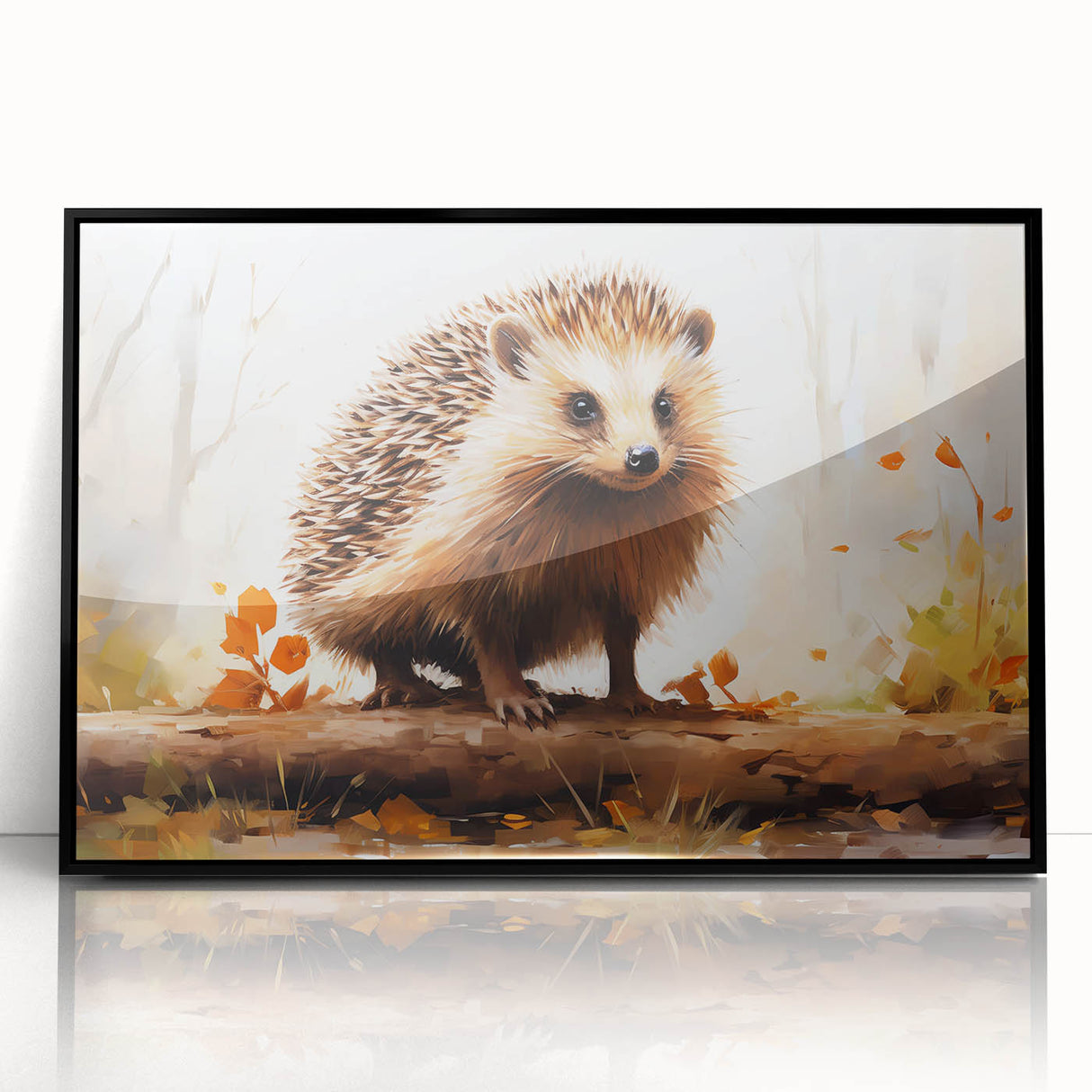 Framed wall art featuring a detailed hedgehog design in a black acrylic frame, showcasing vibrant colors and intricate textures, perfect for animal lovers and home decor.