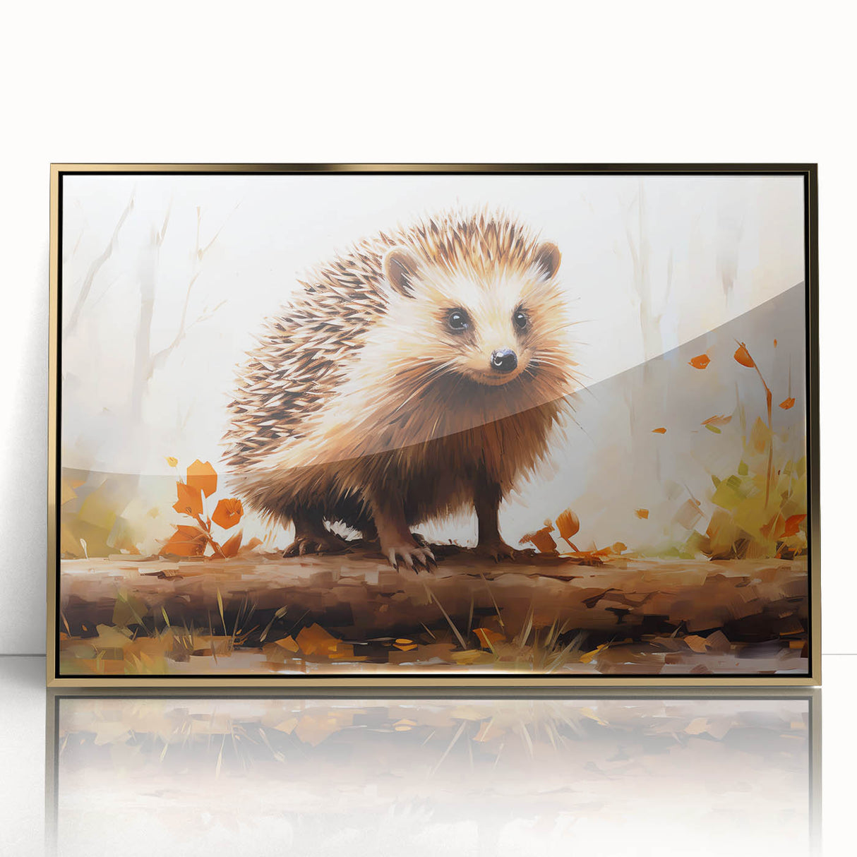 Framed wall art featuring a detailed gold-accented hedgehog design with a vibrant background, ideal for animal lovers and home decor enthusiasts. The artwork captures the essence of wildlife while adding a touch of elegance to any space.